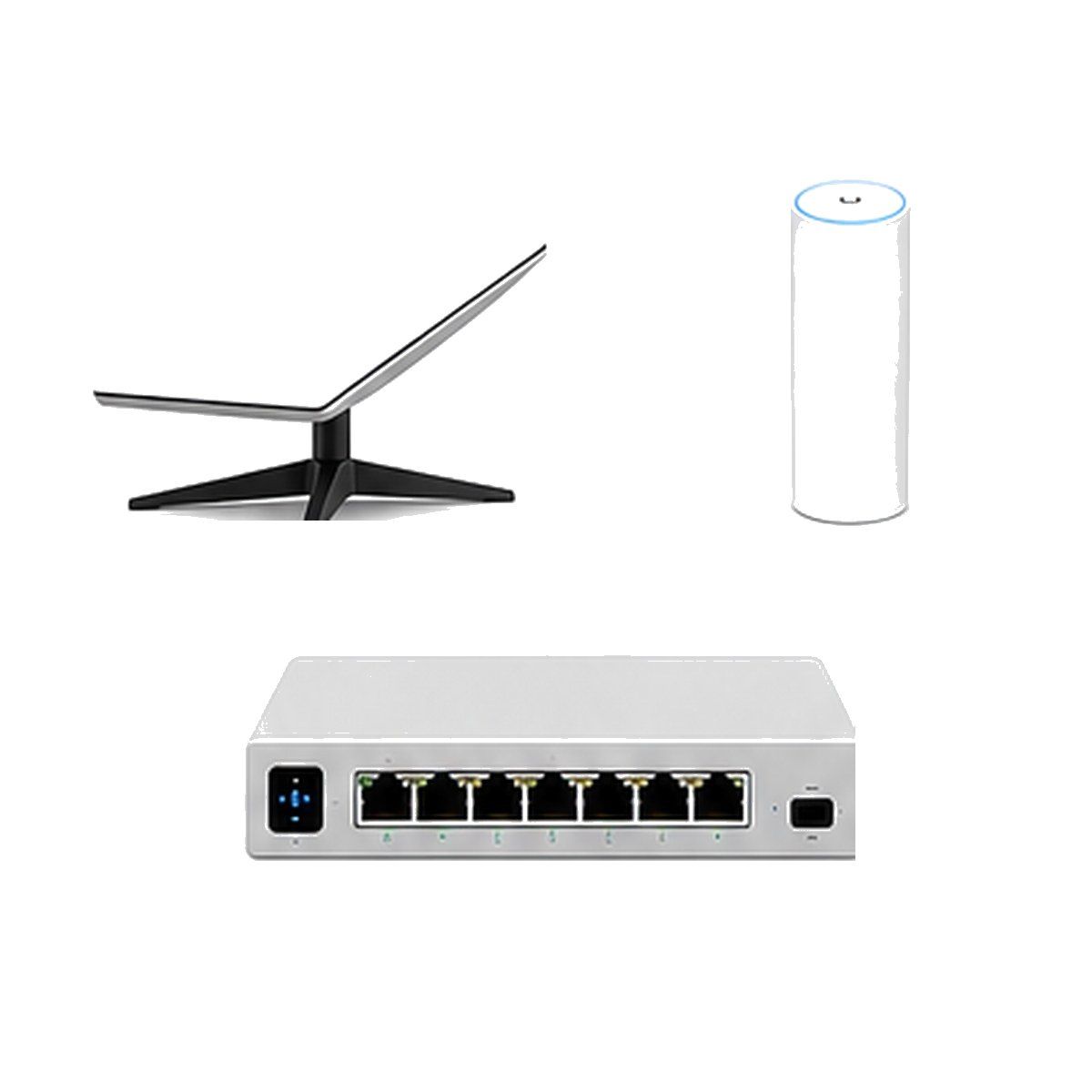 Antena Starlink Mini, access point U6 Mesh e switch UniFi