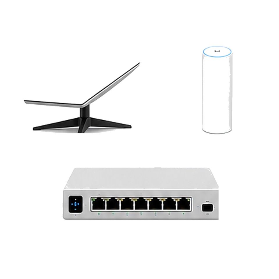 Antena Starlink Mini, access point U6 Mesh e switch UniFi