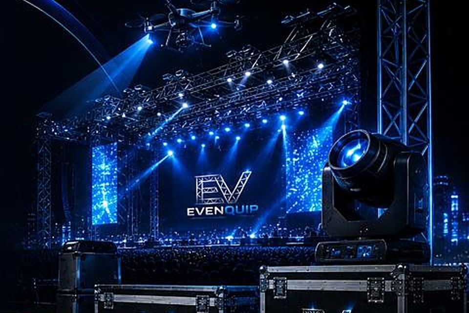 Palco iluminado em azul com telão exibindo a marca EvenQuip
