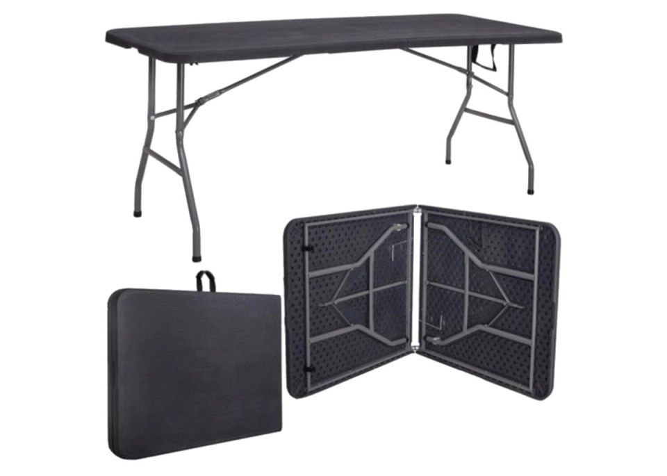 Mesa dobrável preta montada e fechada