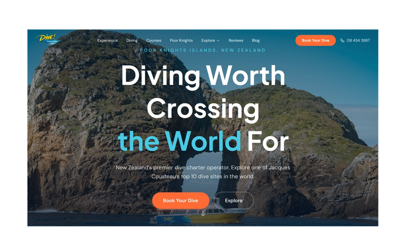 homepage of dive tutukaka new website