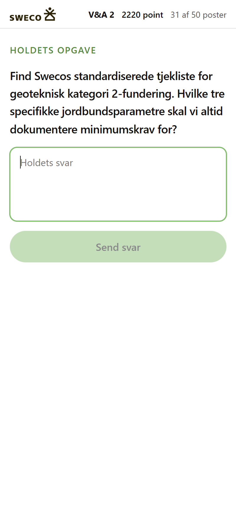 Skærmbillede af en faglig teamopgave med svarfelt