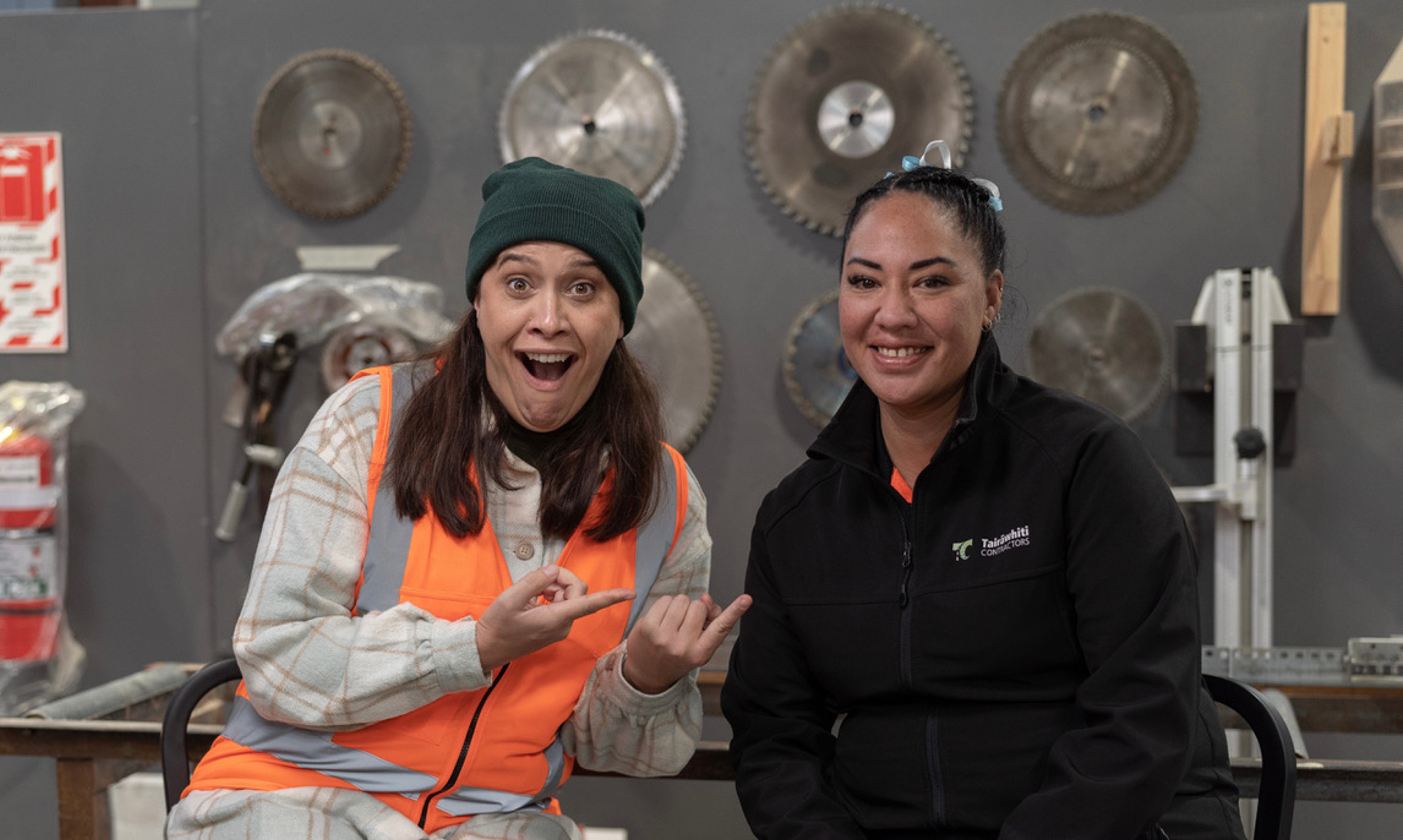 Kura excitedly points to Managing Director of Tairāwhiti Contractors, Kat Kaiwai