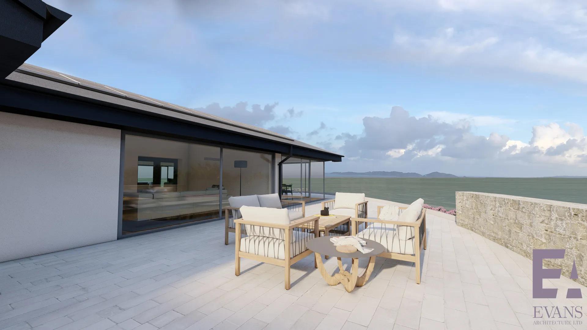 Exterior shot with outdoor seating area