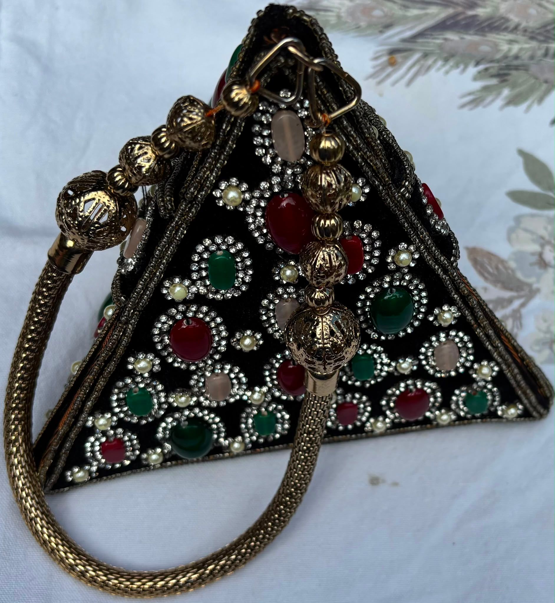 Beaded triangular Afghan bag with gemstones and gold chain