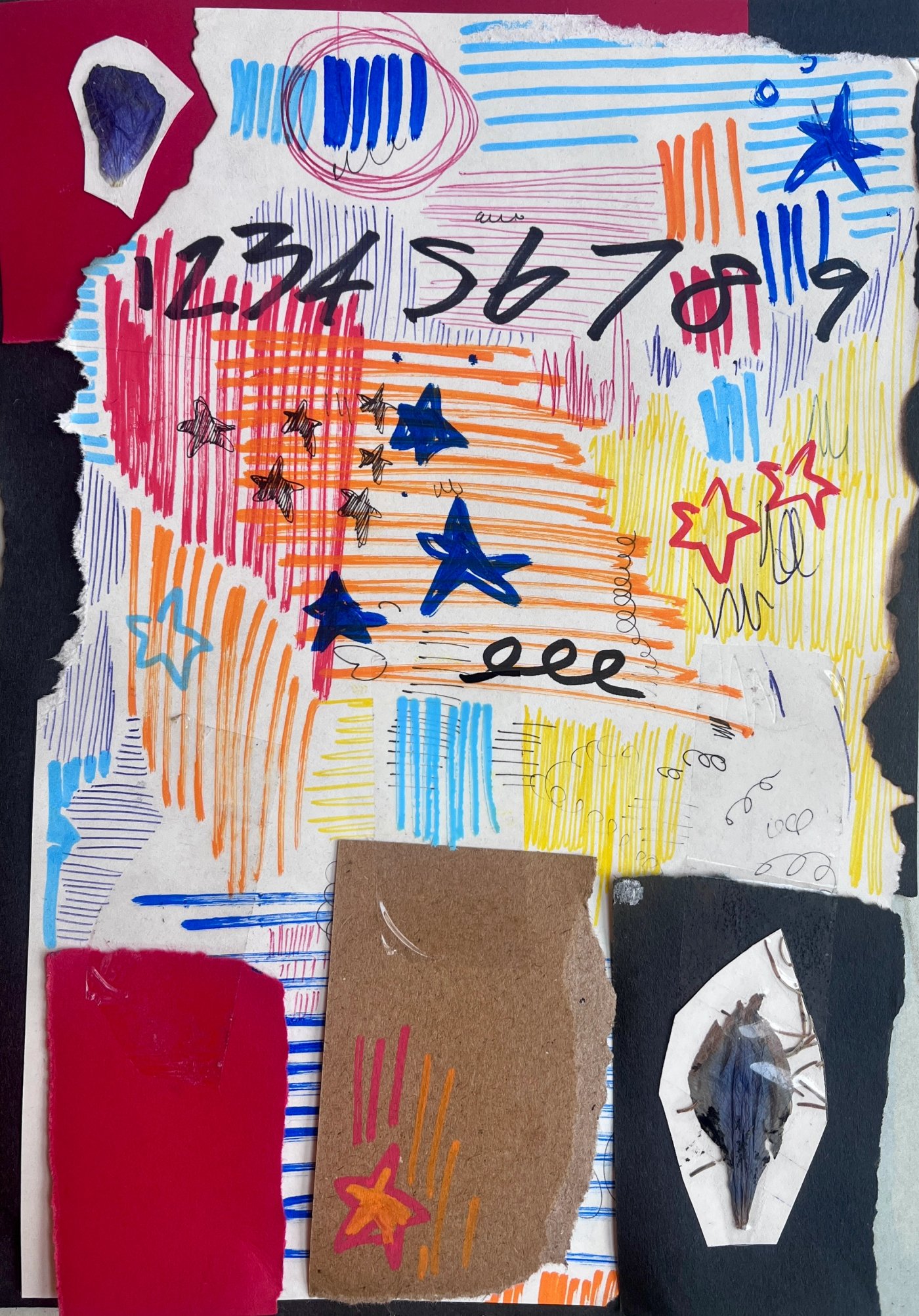 Abstract mixed-media collage made from torn paper, bold numbers, stars, scribbled lines and blocks of blue, orange, pink and yellow.