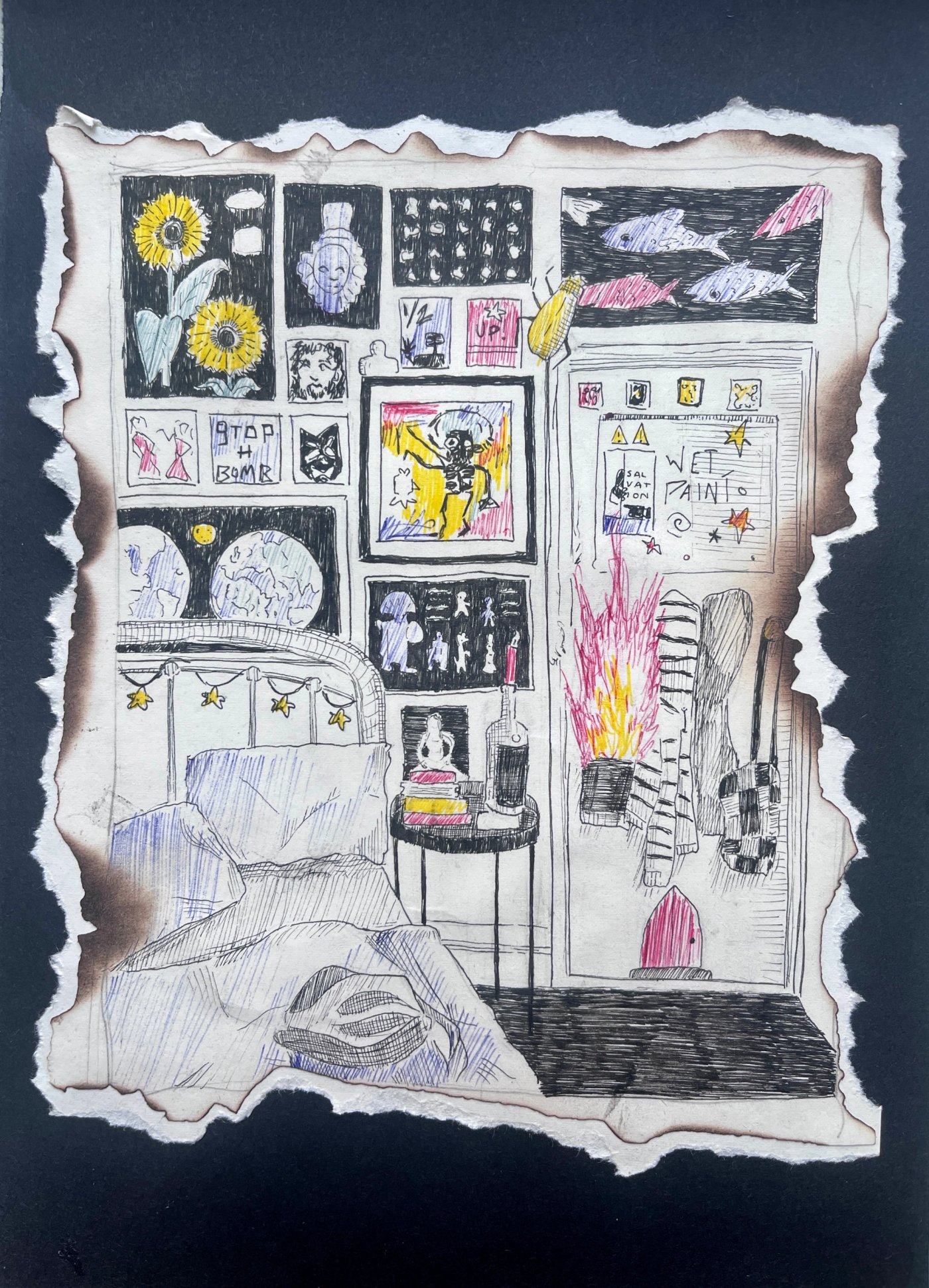 Hand-drawn bedroom scene on torn, singed paper, showing an unmade bed, clothes hanging from a wardrobe, books, bottles and a wall crowded with colourful artwork.