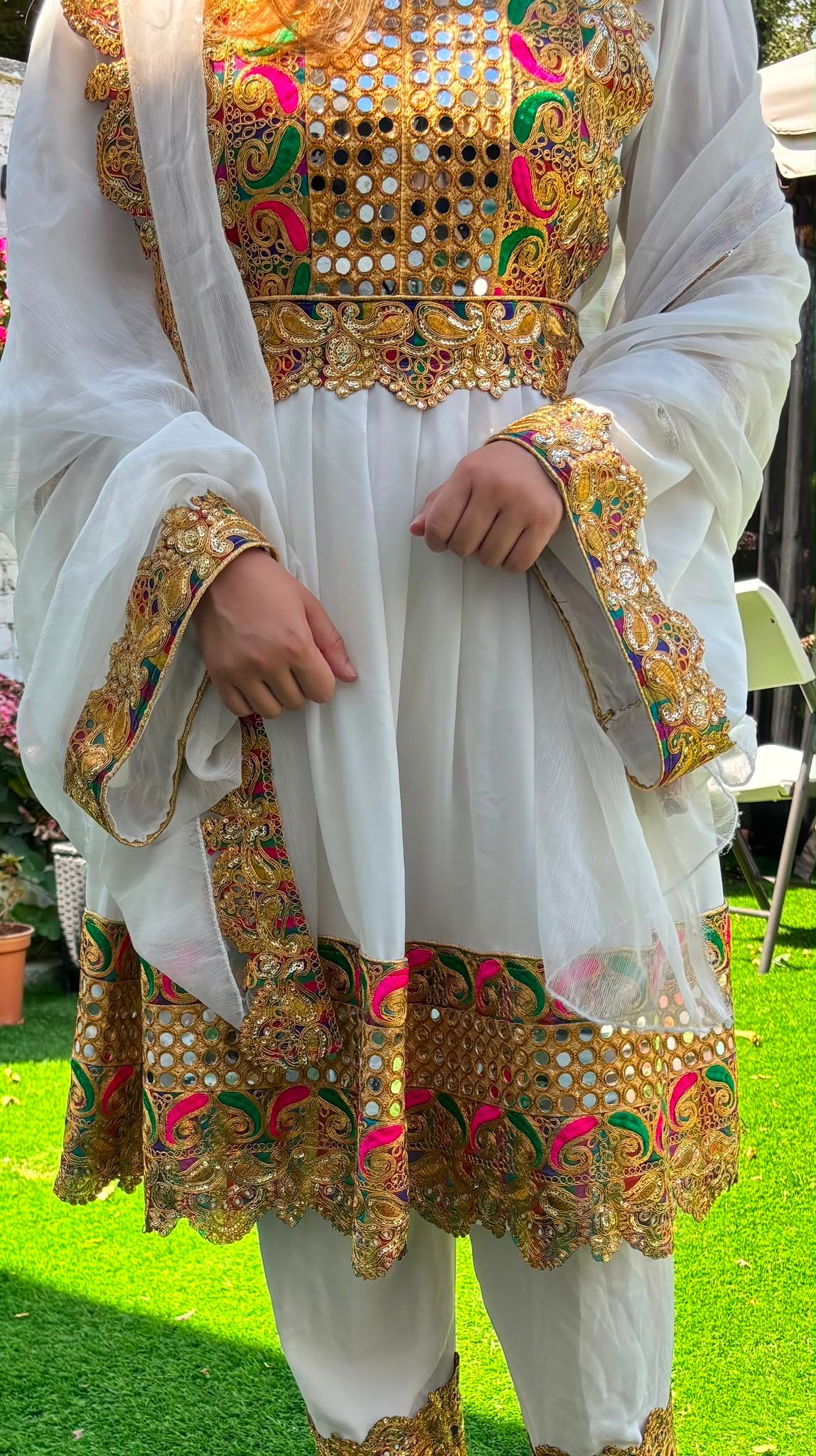 White Afghan dress with golden embroidery and mirrored bodice