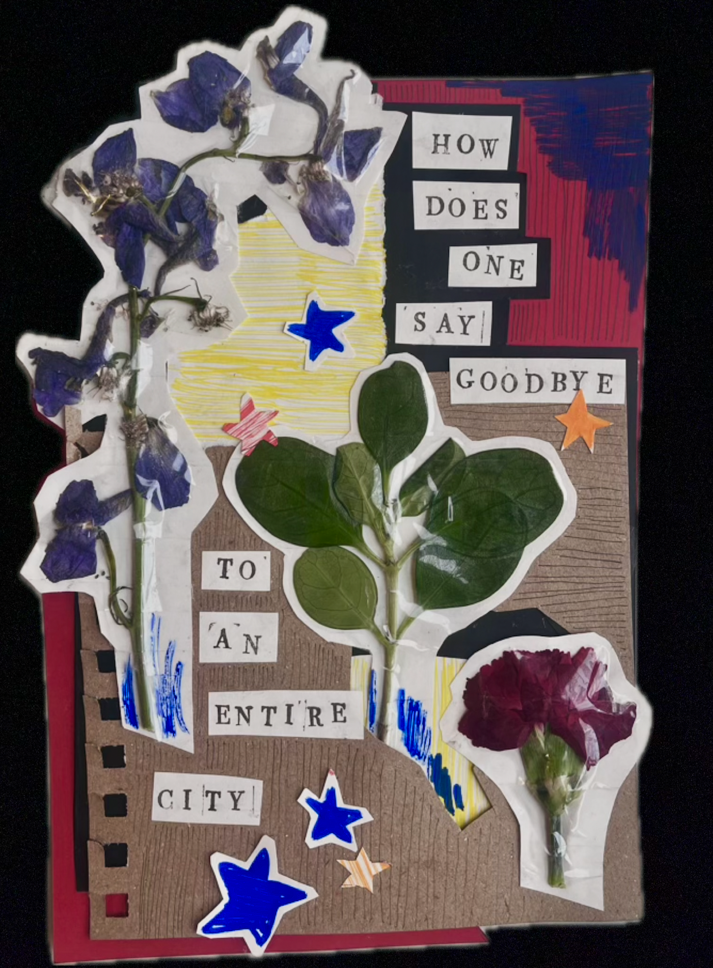 Mixed-media collage with pressed purple and red flowers, green leaves, torn paper, blue and orange stars, and cut-out text reading, “How does one say goodbye to an entire city?