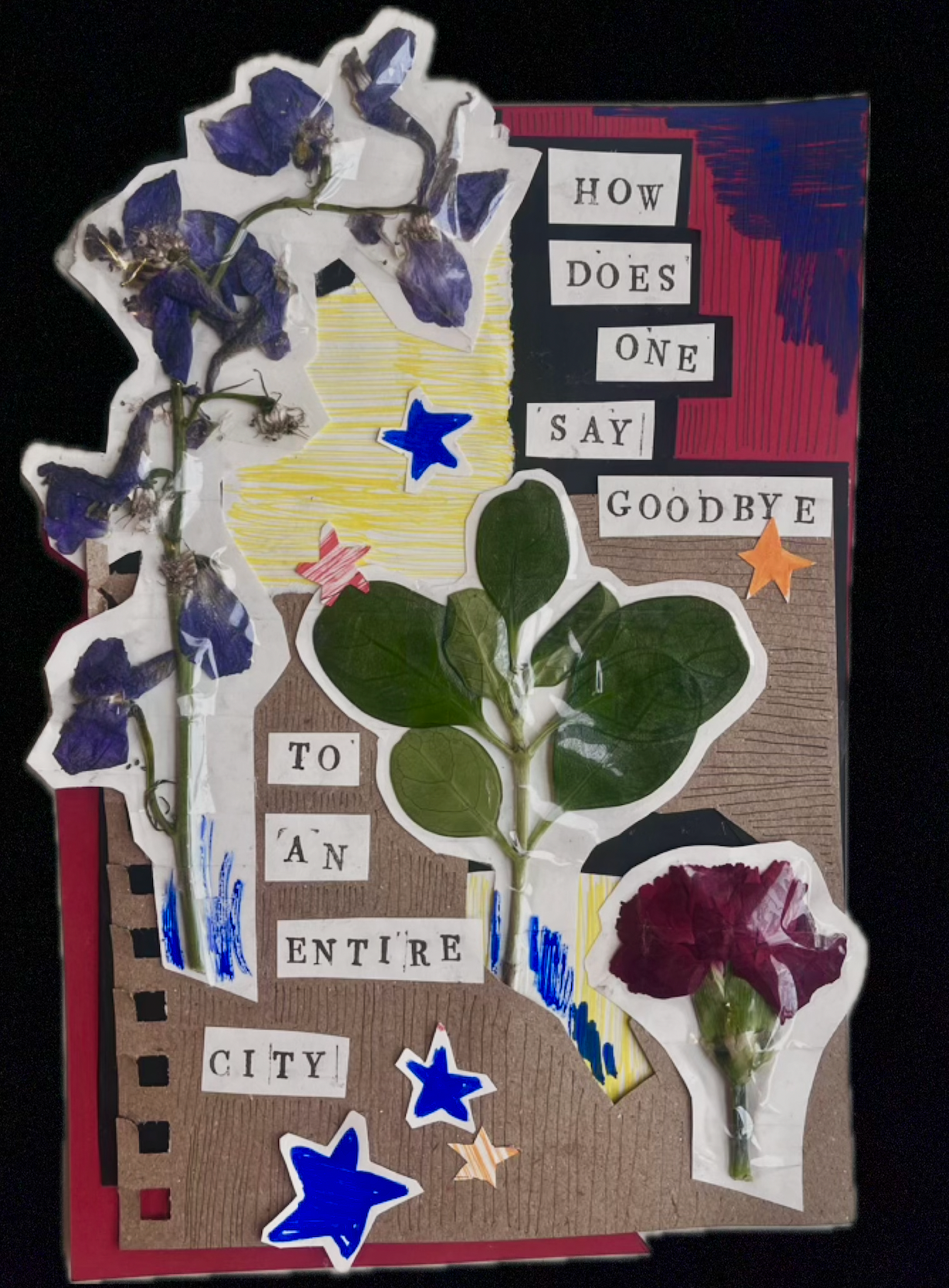 Mixed-media collage with pressed purple and red flowers, green leaves, torn paper, blue and orange stars, and cut-out text reading, “How does one say goodbye to an entire city?
