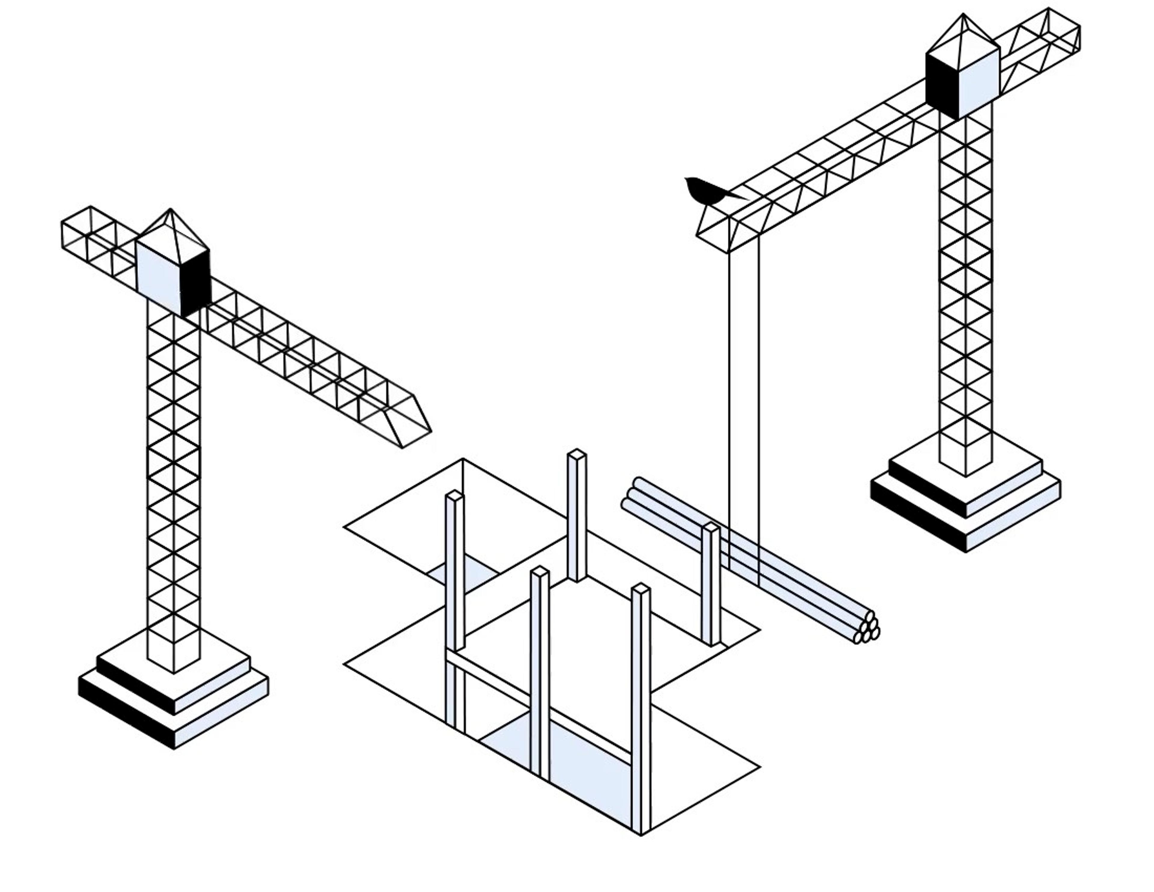 Animated illustration of cranes building
