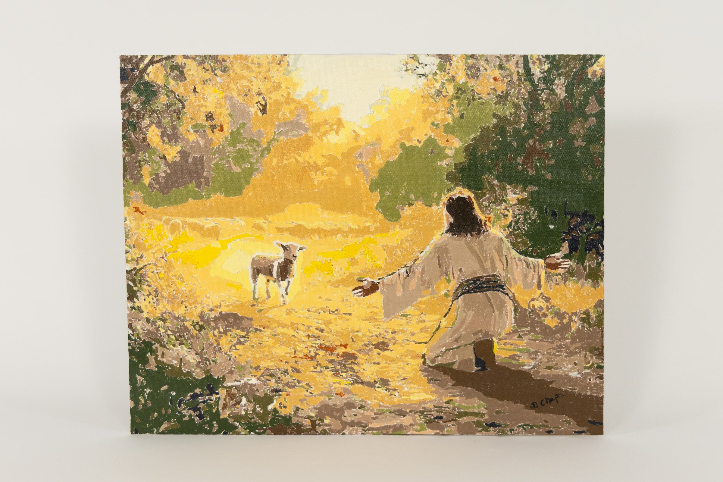 A painting of a robed figure walking a sunlit path toward golden light, with a lamb standing on the trail ahead and trees on either side.