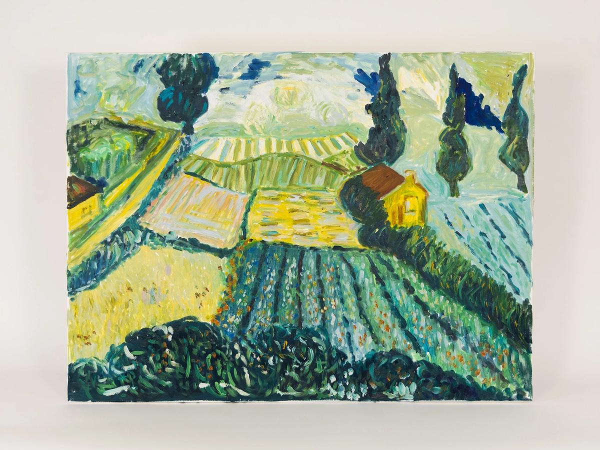 An impressionist landscape in thick palette-knife strokes, green and yellow fields rolling back toward a line of dark trees under a pale sky.