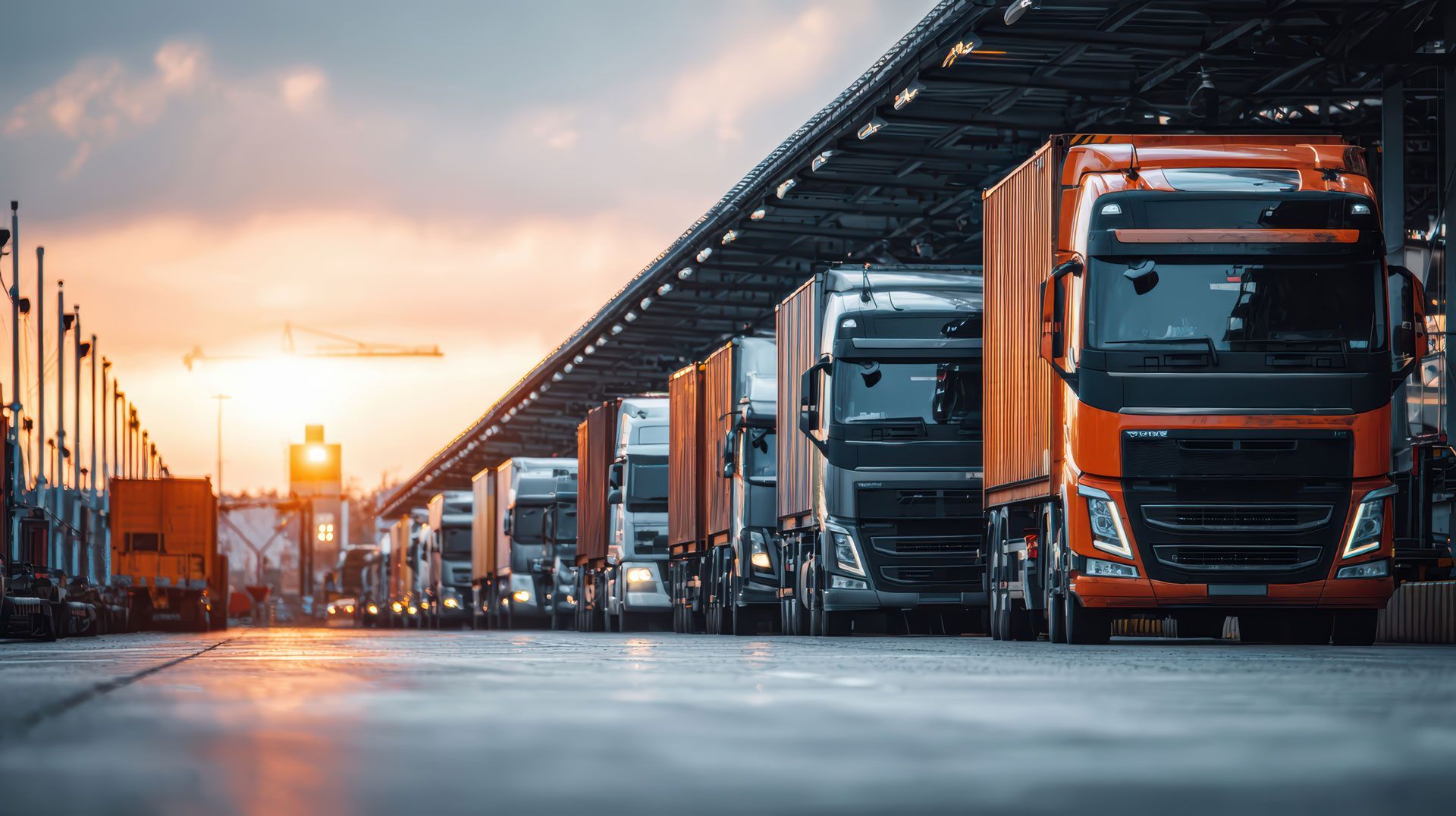 PSC Protect Perth heavy transport insurance solutions, featuring a fleet of trucks and freight vehicles in a transport logistics depot
