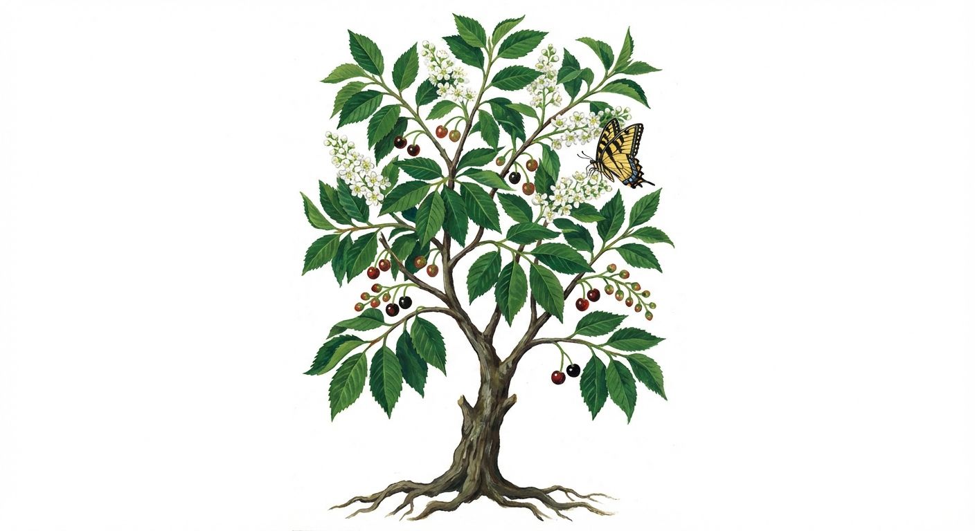 Black Cherry (Prunus serotina), colorful illustration