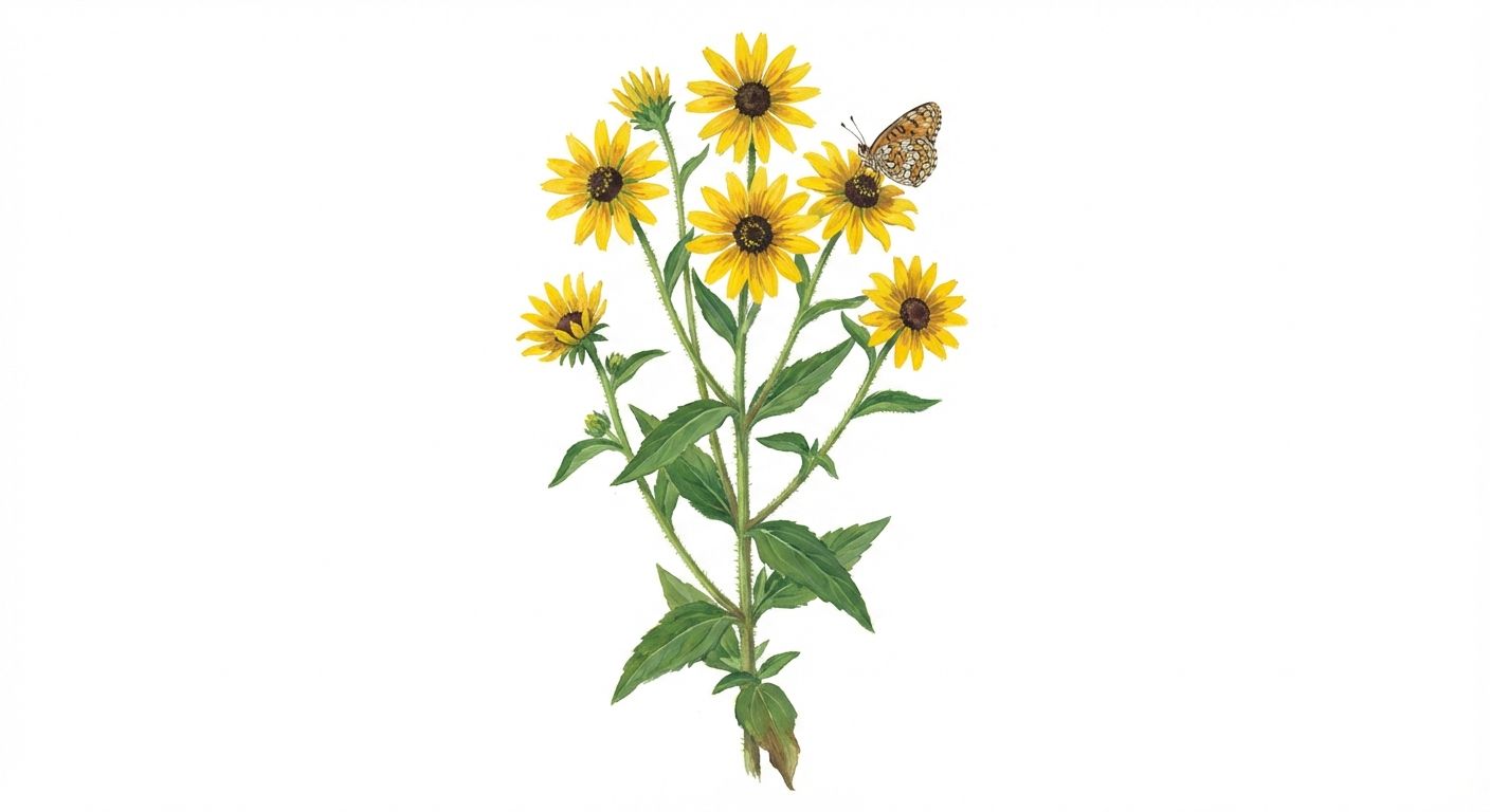 Woodland Sunflower (Helianthus divaricatus), colorful illustration