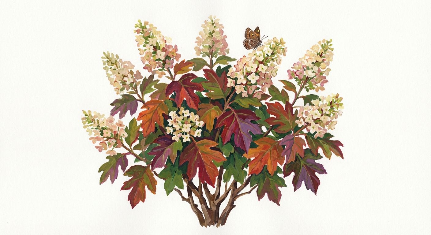 Oakleaf Hydrangea (Hydrangea quercifolia), colorful illustration