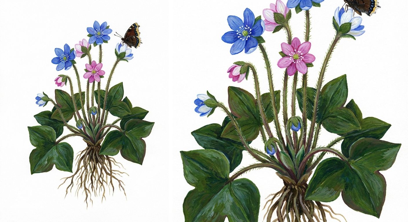 Sharp-lobed Hepatica (Hepatica acutiloba), colorful illustration
