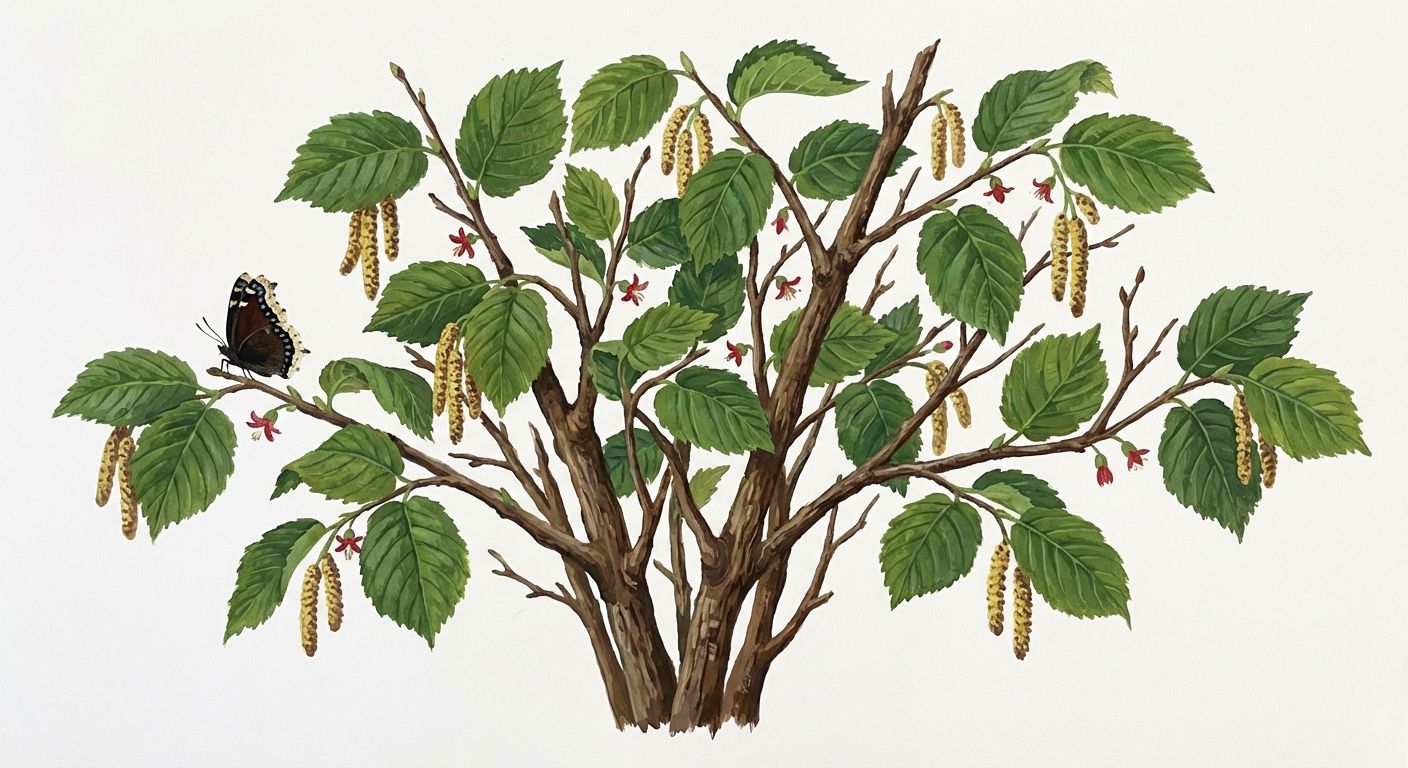American Hazelnut (Corylus americana), colorful illustration