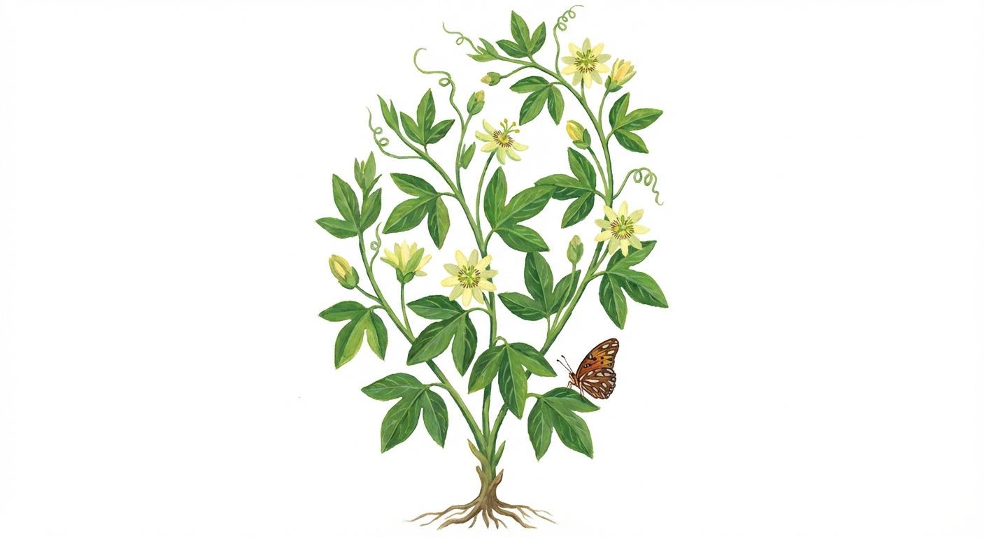 Yellow Passion Flower (Passiflora lutea), colorful illustration