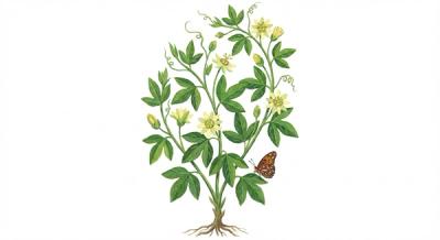 Yellow Passion Flower (Passiflora lutea), colorful illustration