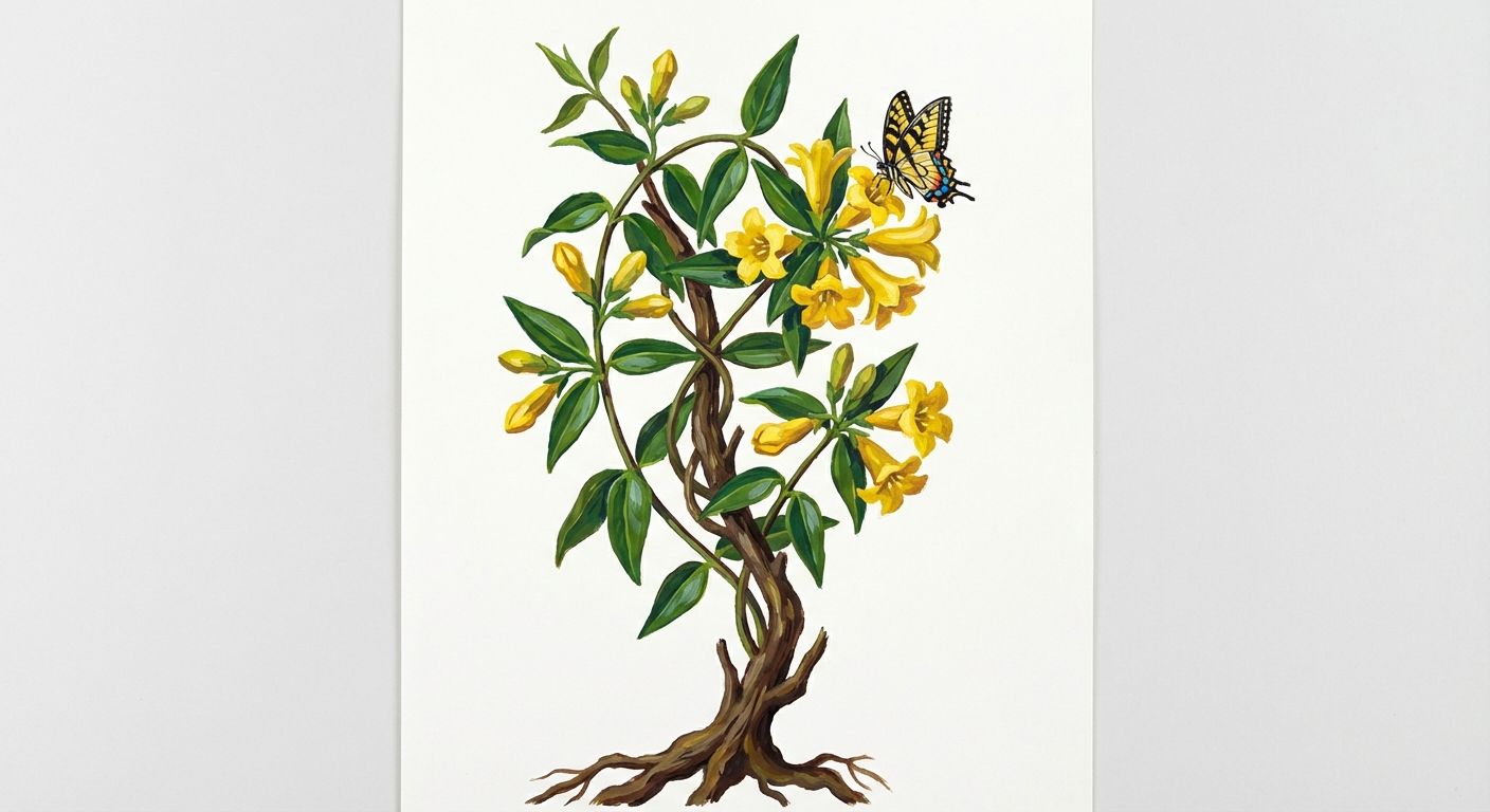 Carolina Jessamine (Gelsemium sempervirens), colorful illustration