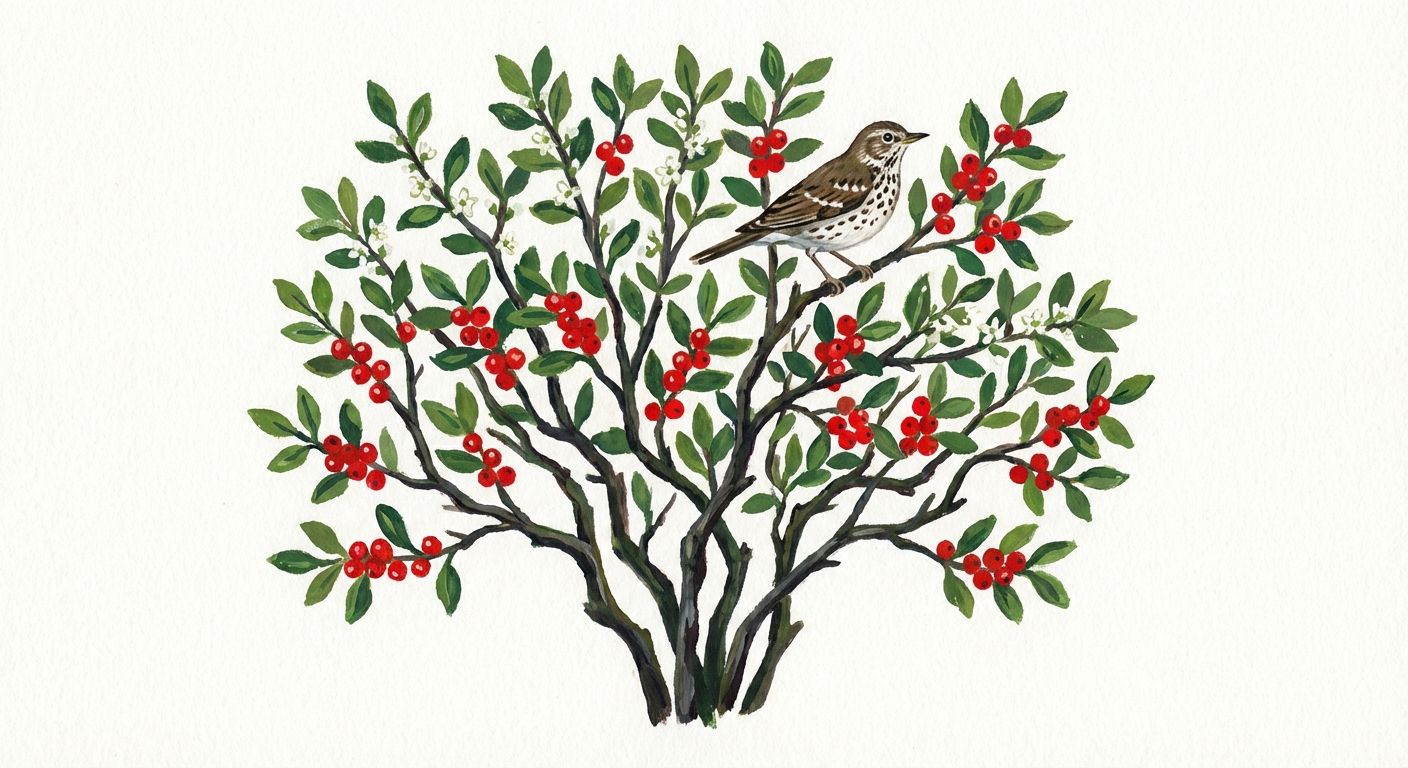 Winterberry (Ilex verticillata), colorful illustration
