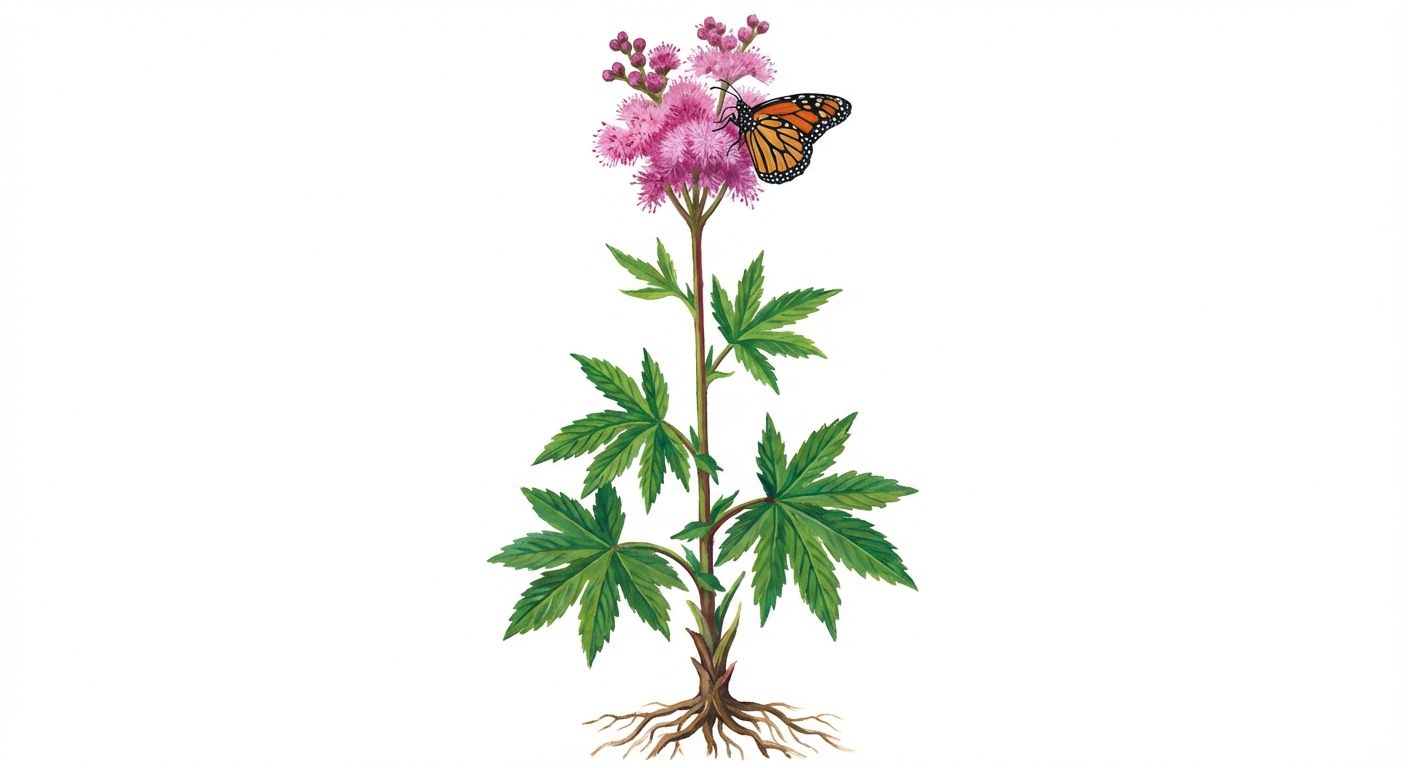 Queen-of-the-Prairie (Filipendula rubra), colorful illustration