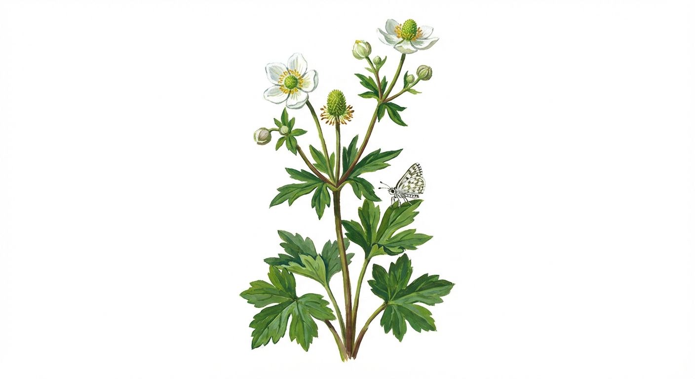 Thimbleweed (Anemone virginiana), colorful illustration