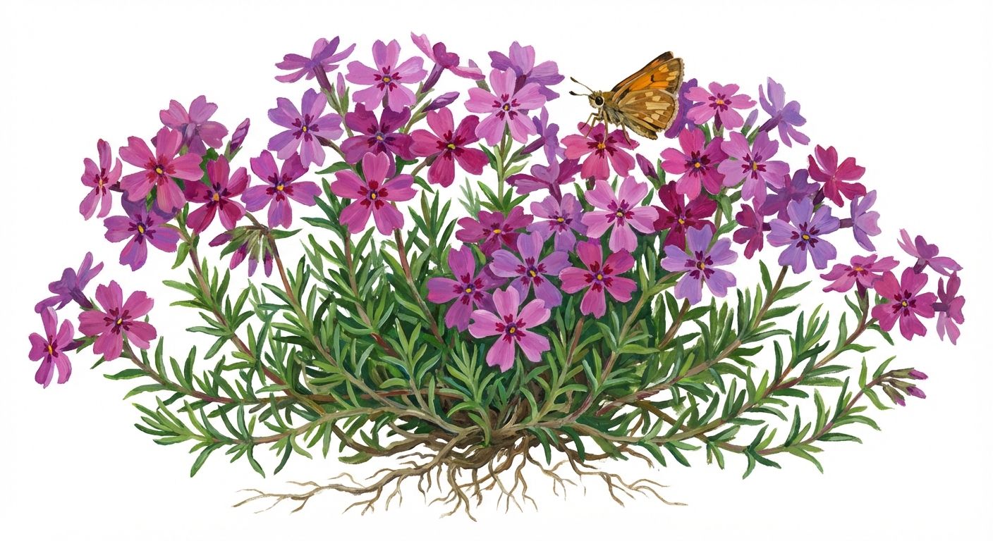 Moss Phlox (Phlox subulata), colorful illustration