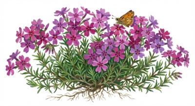 Moss Phlox (Phlox subulata), colorful illustration