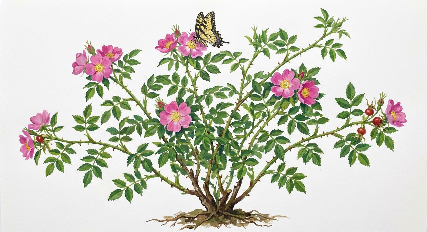 Pasture Rose (Rosa carolina), colorful illustration
