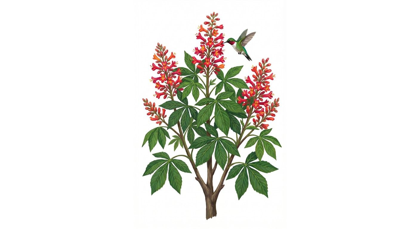 Red Buckeye (Aesculus pavia), colorful illustration