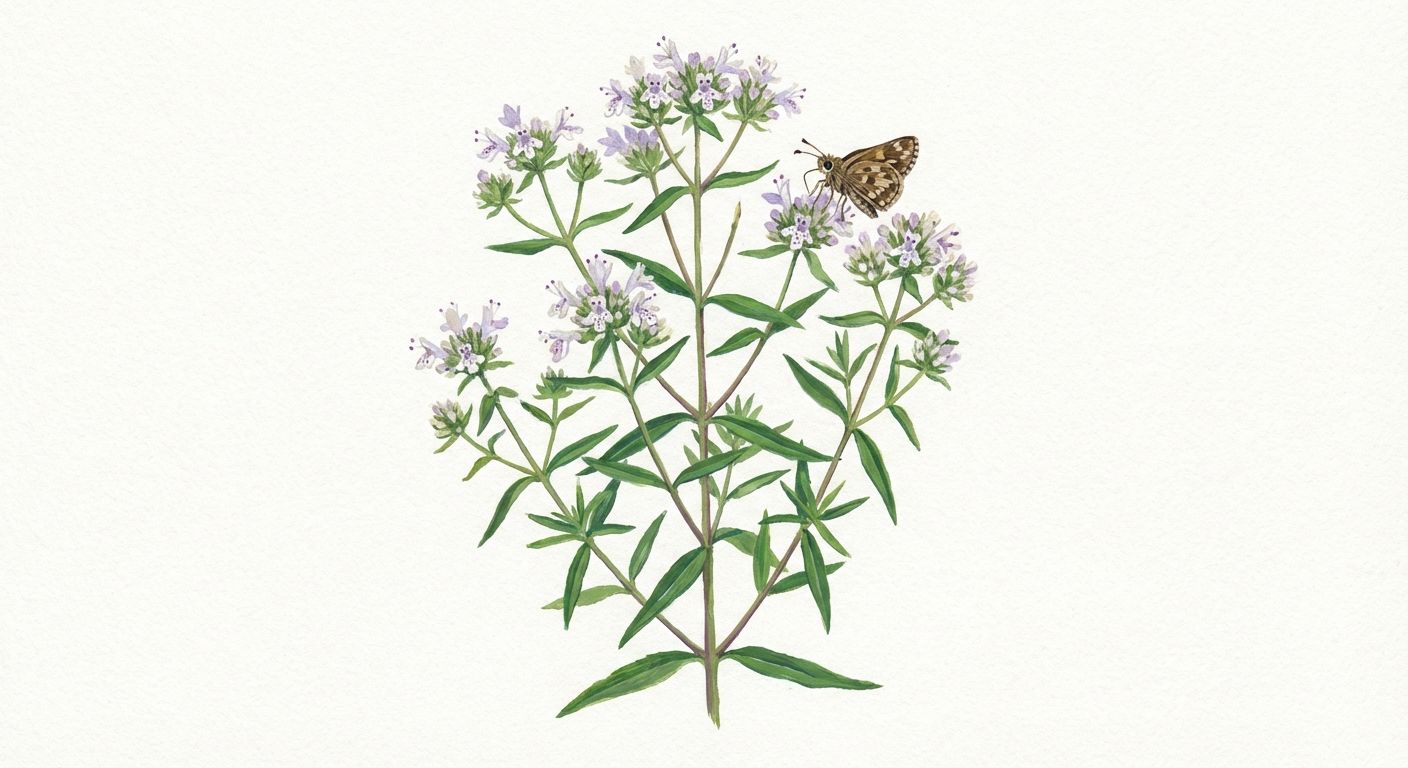 Narrowleaf Mountain Mint (Pycnanthemum tenuifolium), colorful illustration