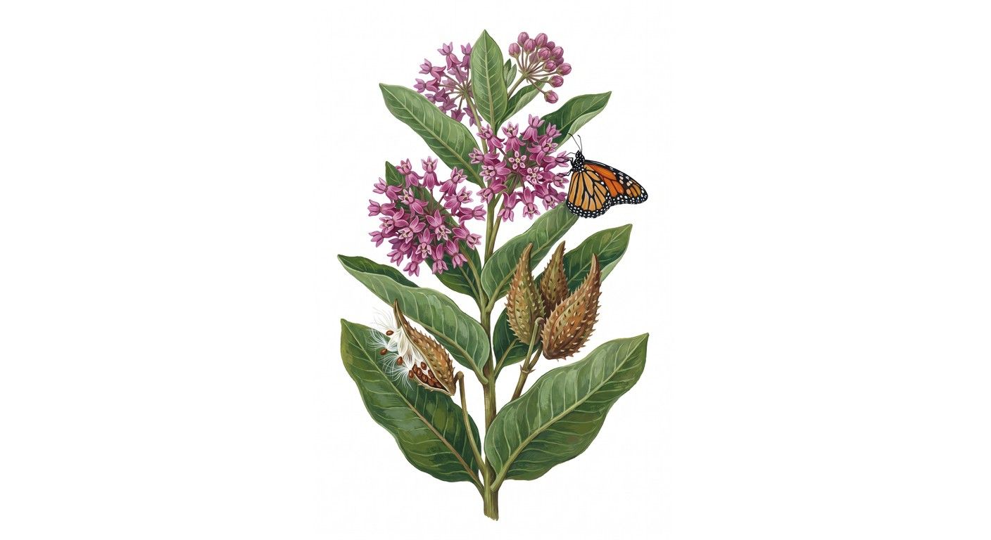 Common Milkweed (Asclepias syriaca), colorful illustration