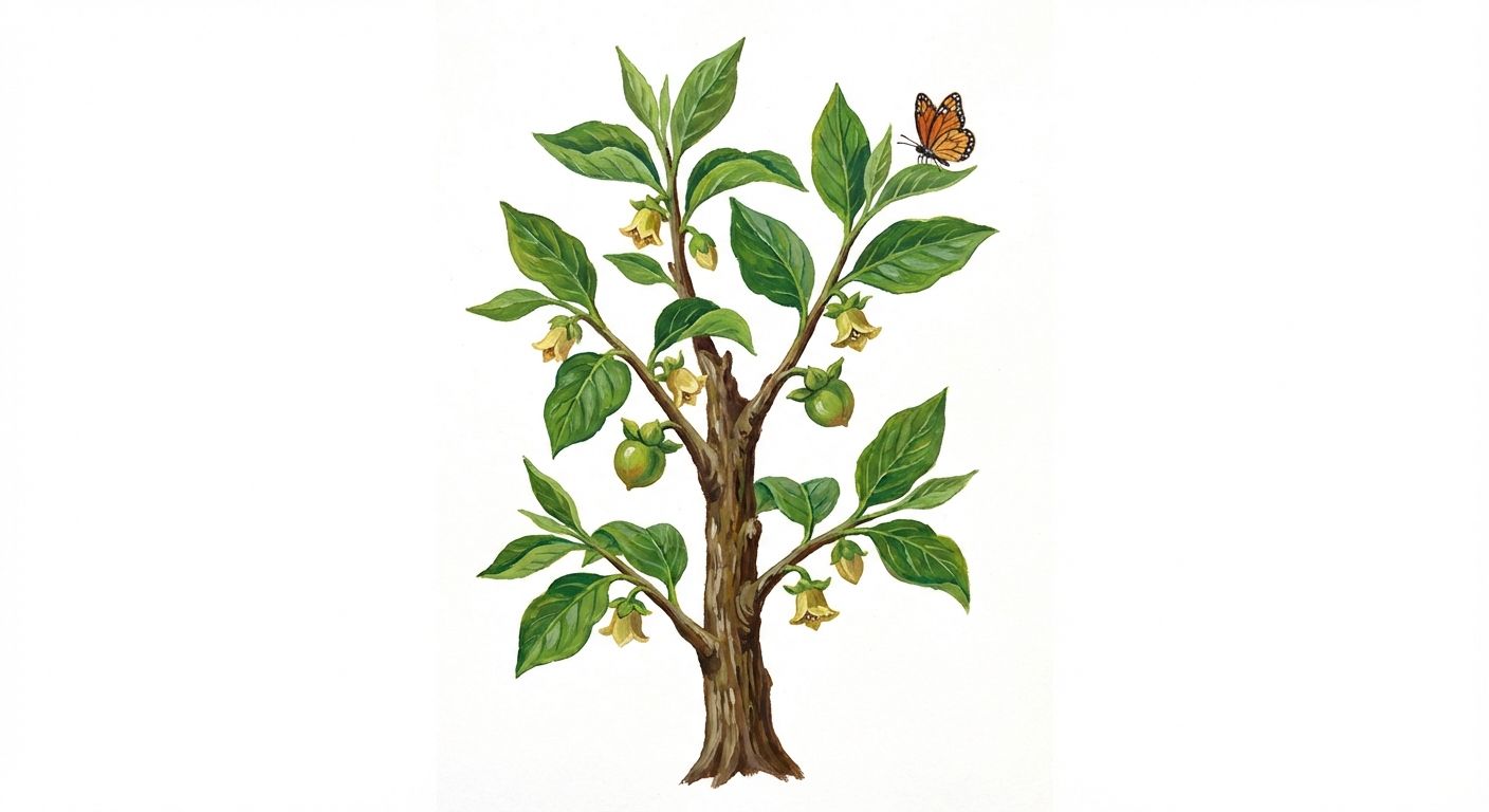 Persimmon (Diospyros virginiana), colorful illustration