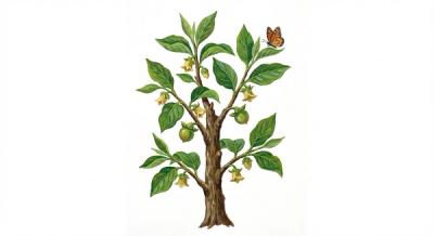 Persimmon (Diospyros virginiana), colorful illustration