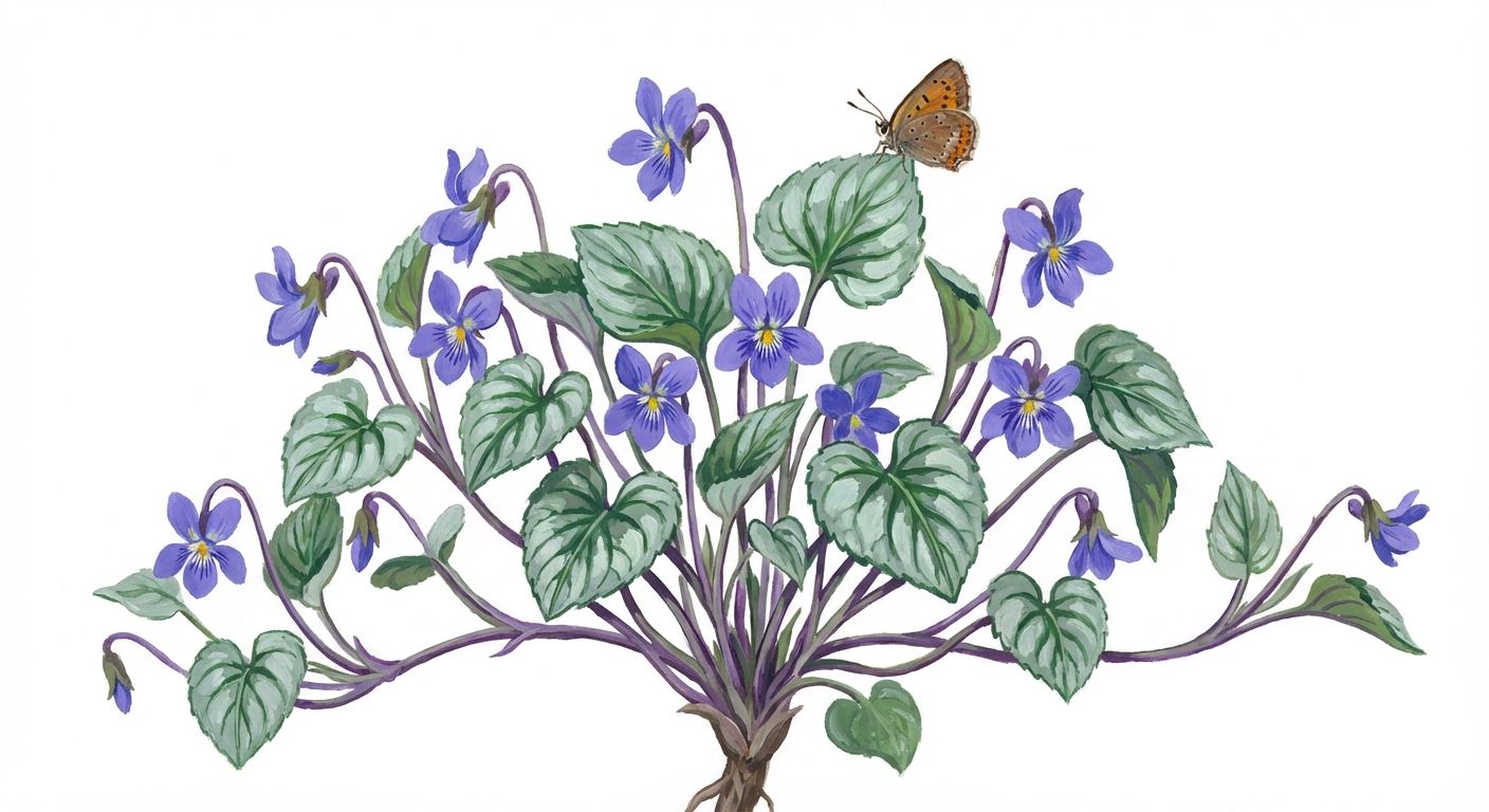 Prostrate Silver Violet (Viola walteri 'Silver Gem'), colorful illustration