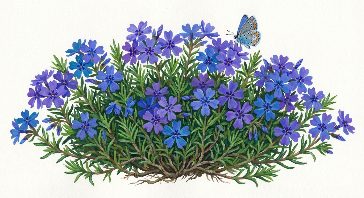 Moss Phlox (Phlox subulata 'Emerald Blue'), colorful illustration