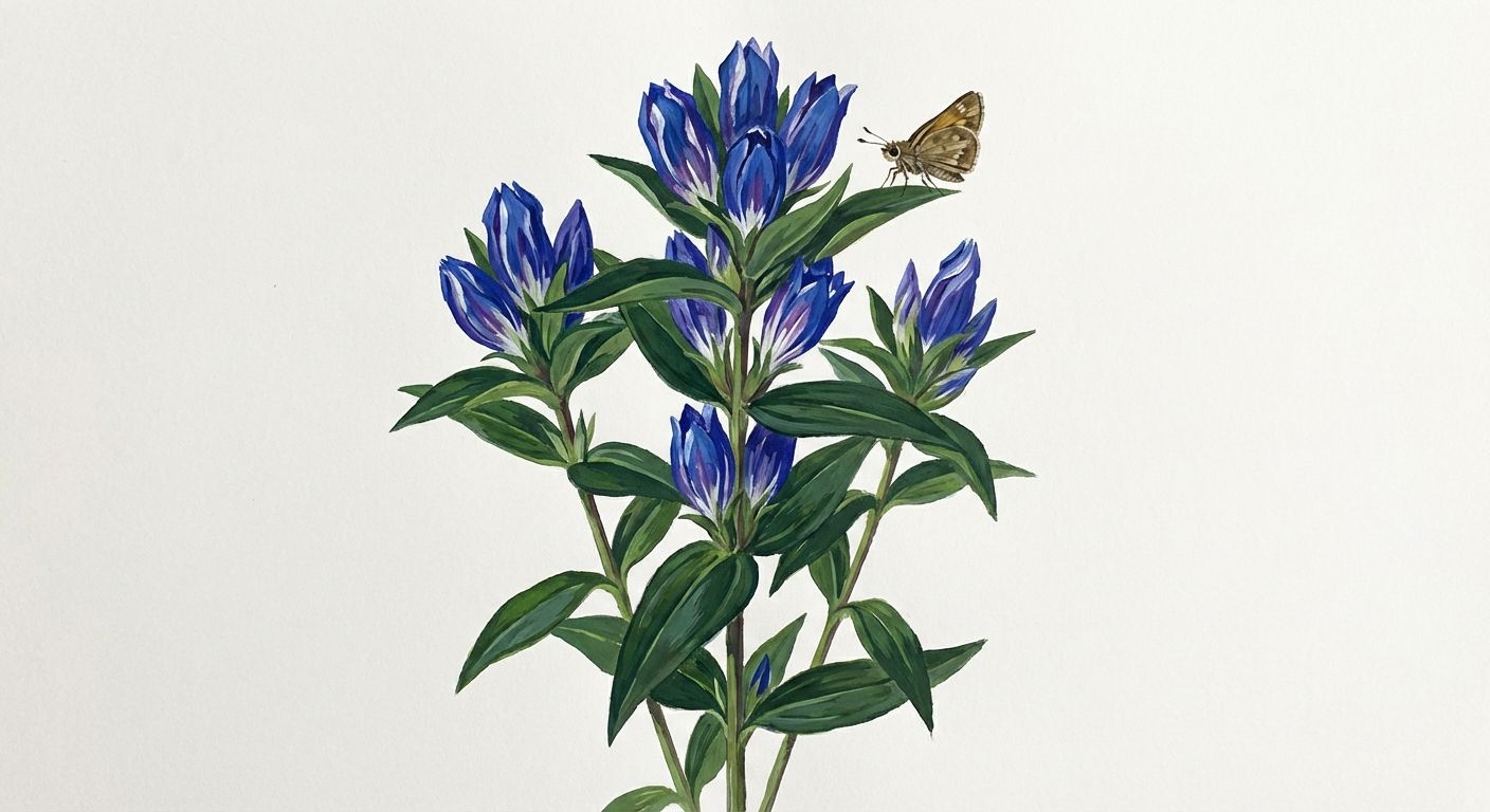 Bottle Gentian (Gentiana andrewsii), colorful illustration