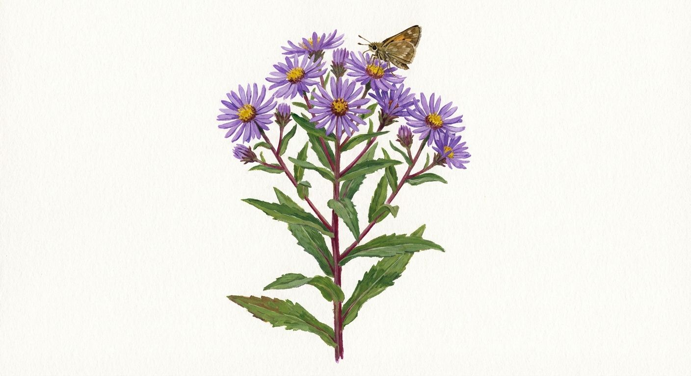 Purple-stem Aster (Symphyotrichum puniceum), colorful illustration