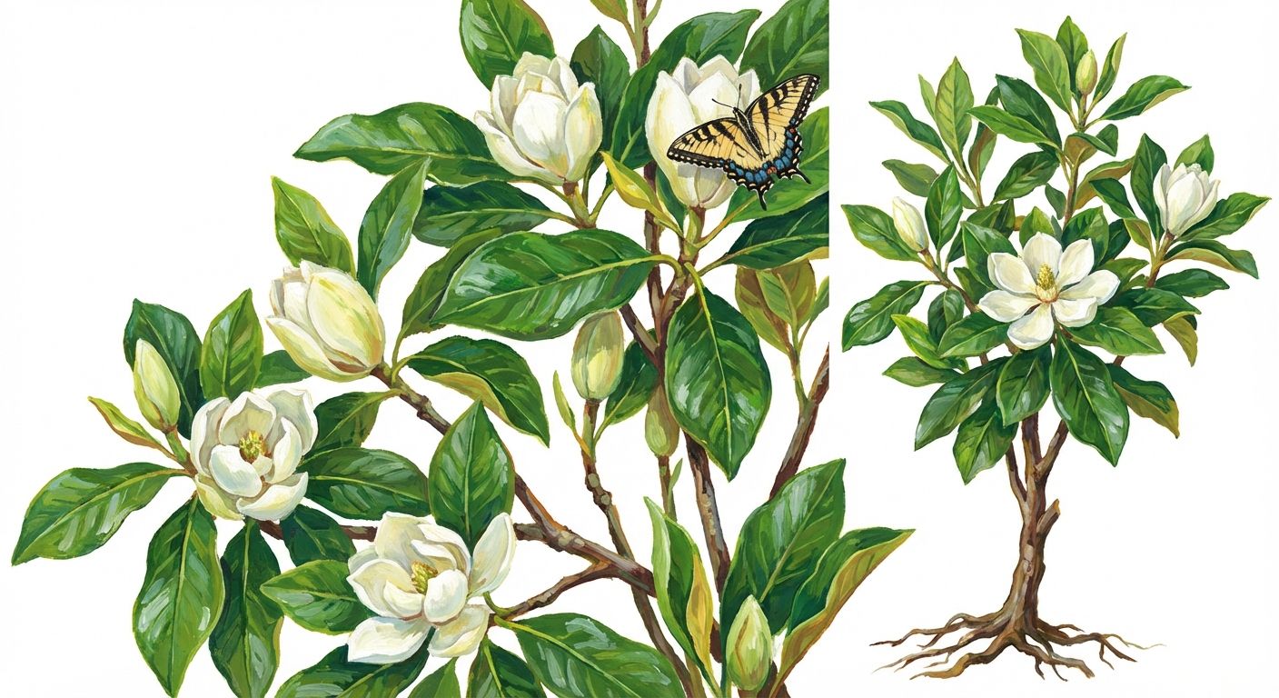 Sweetbay Magnolia (Magnolia virginiana), colorful illustration