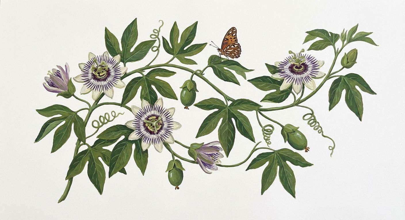 Passionvine (Passiflora incarnata), colorful illustration