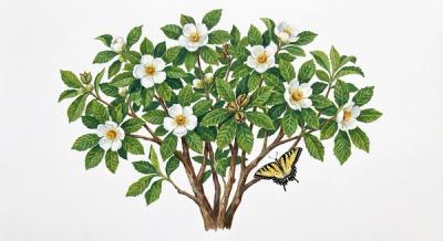 Franklin Tree (Franklinia alatamaha), colorful illustration