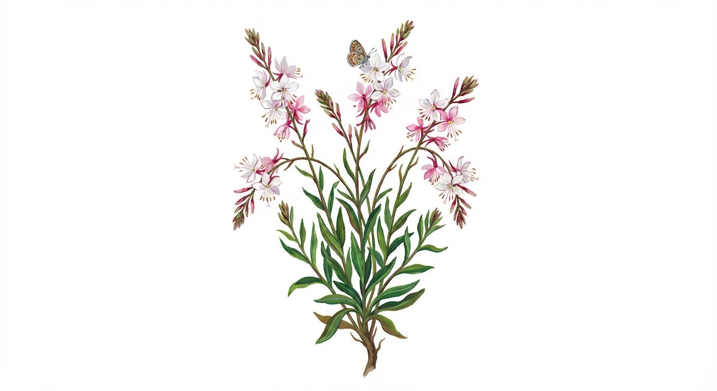 Beeblossom (Oenothera lindheimeri), colorful illustration
