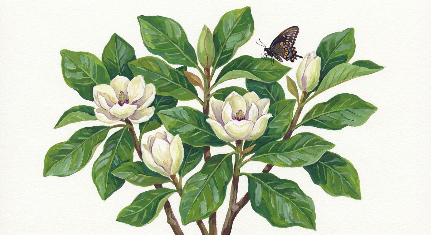 Bigleaf Magnolia (Magnolia macrophylla), colorful illustration