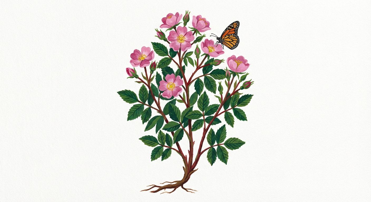 Swamp Rose (Rosa palustris), colorful illustration