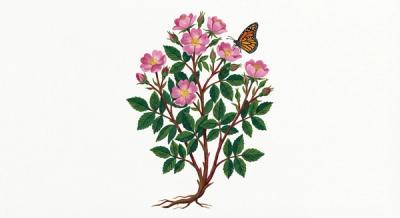 Swamp Rose (Rosa palustris), colorful illustration