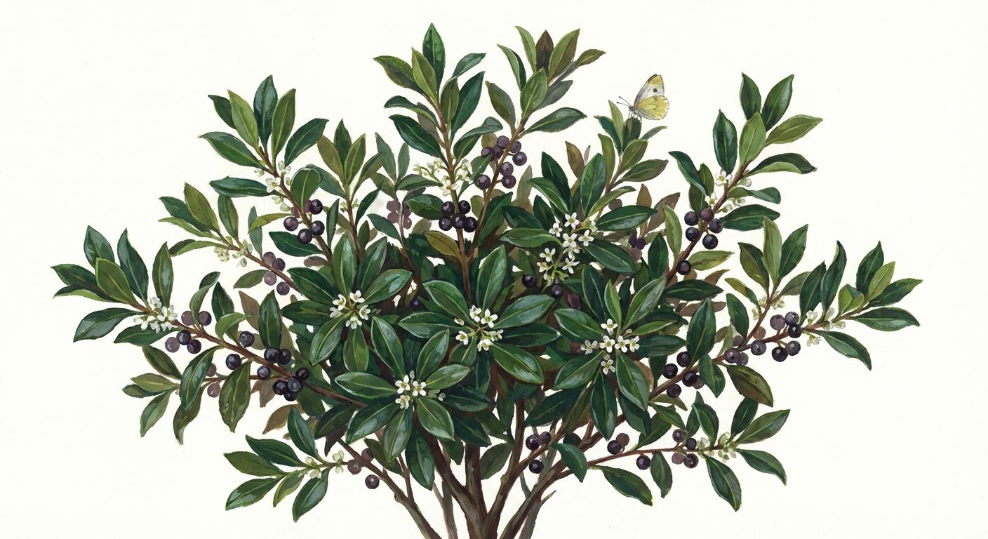 Inkberry Holly (Shamrock & Nigra) (Ilex glabra 'Shamrock' & 'Nigra'), colorful illustration