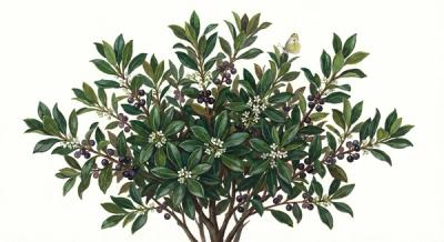 Inkberry Holly (Shamrock & Nigra) (Ilex glabra 'Shamrock' & 'Nigra'), colorful illustration